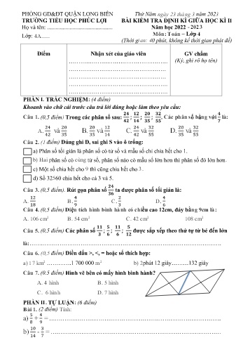Bài kiểm tra định kì giữa học kì II môn Toán Lớp 4 - Năm học 2022-2023 - Trường Tiểu học Phúc Lợi