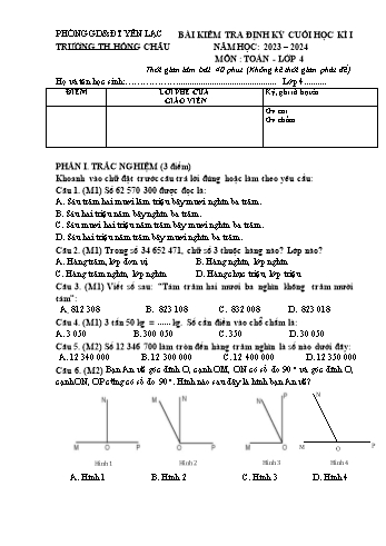Bài kiểm tra định kỳ cuối học kì I môn Toán Lớp 4 - Năm học 2023-2024 - Trường Tiểu học Hồng Châu
