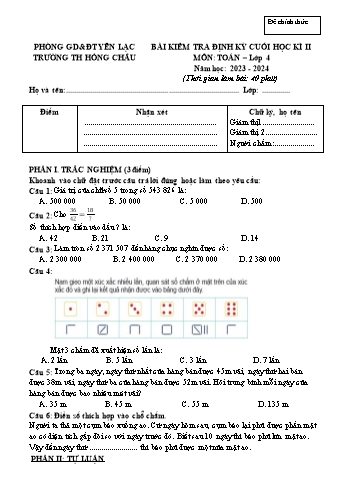 Bài kiểm tra định kỳ cuối học kì II môn Toán Lớp 4 - Năm học 2023-2024 - Trường Tiểu học Hồng Châu