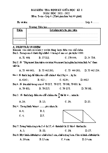 Bài kiểm tra định kỳ giữa học kì I môn Toán Lớp 4 - Năm học 2021-2022