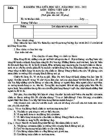 Bài kiểm tra giữa học kì I môn Tiếng Việt Lớp 4 - Năm học 2021-2022 (Có đáp án)