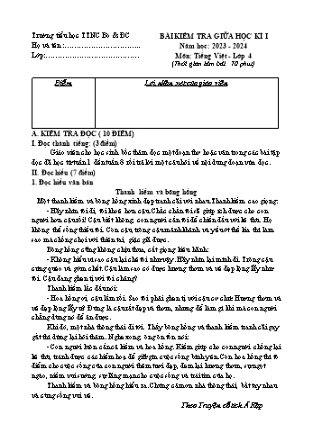 Bài kiểm tra giữa học kì I môn Tiếng Việt Lớp 4 - Năm học 2023-2024 - Trường Tiểu học TTNC Bò & Đồng Cỏ Ba Vì