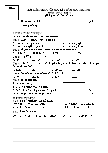 Bài kiểm tra giữa học kì I môn Toán Lớp 4 - Năm học 2022-2023 (Có đáp án)
