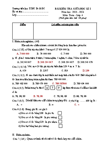 Bài kiểm tra giữa học kì I môn Toán Lớp 4 - Năm học 2023-2024 - Trường Tiểu học TTNC Bò & Đồng Cỏ Ba Vì (Có đáp án)