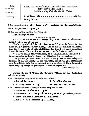Bài kiểm tra giữa học kì II môn Tiếng Việt Lớp 4 - Năm học 2022-2023 (Có đáp án)