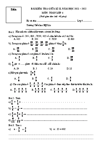 Bài kiểm tra giữa học kì II môn Toán Lớp 4 - Năm học 2021-2022 - Trường Tiểu học Mỹ Lộc (Có đáp án)