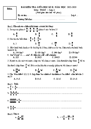 Bài kiểm tra giữa học kì II môn Toán Lớp 4 - Năm học 2022-2023 (Có đáp án)