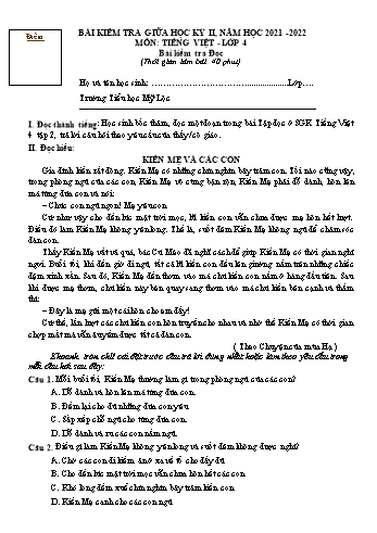 Bài kiểm tra giữa học kỳ II môn Tiếng Việt Lớp 4 - Năm học 2021-2022 - Trường Tiểu học Mỹ Lộc (Có đáp án)