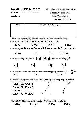 Bài kiểm tra giữa học kỳ II môn Toán Lớp 4 - Năm học 2022-2023 - Trường Tiểu học TTNC Bò & Đồng Cỏ Ba Vì (Có đáp án)