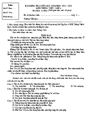 Bài kiểm tra giữa kì I môn Tiếng Việt Lớp 4 - Năm học 2022-2023 (Có đáp án)