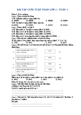 Bài tập cuối tuần môn Toán Lớp 4 (Kết nói tri thức với cuộc sống) - Tuần 1 (Có đáp án)