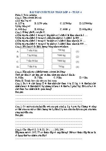 Bài tập cuối tuần môn Toán Lớp 4 (Kết nói tri thức với cuộc sống) - Tuần 4 (Có đáp án)