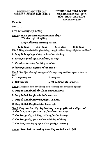 Đề khảo sát chất lượng cuối năm môn Tiếng Việt Lớp 4 - Năm học 2021-2022 - Trường Tiểu học Tam Hồng 2