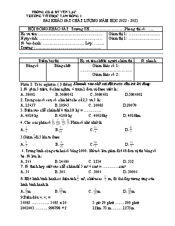 Đề khảo sát chất lượng lần 2 môn Toán Lớp 4 - Năm học 2022-2023 - Trường Tiểu học Tam Hồng 2
