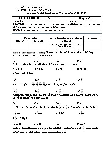 Đề khảo sát chất lượng lần 3 môn Toán Lớp 4 - Năm học 2022-2023 - Trường Tiểu học Tam Hồng 2