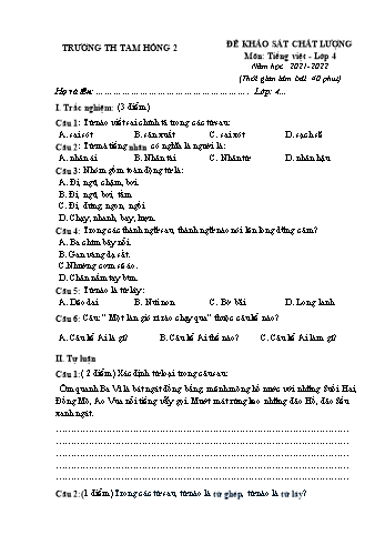 Đề khảo sát chất lượng môn Tiếng Việt Lớp 4 - Năm học 2021-2022 - Trường Tiểu học Tam Hồng 2