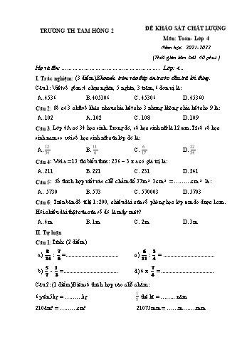 Đề khảo sát chất lượng môn Toán Lớp 4 - Năm học 2021-2022 - Trường Tiểu học Tam Hồng 2 - Đề 2