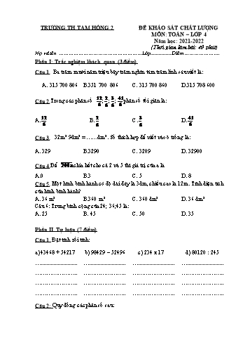Đề khảo sát chất lượng môn Toán Lớp 4 - Năm học 2021-2022 - Trường Tiểu học Tam Hồng 2 - Đề 1