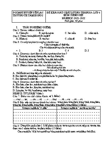 Đề khảo sát chất lượng tháng 10 môn Tiếng Việt Lớp 4 - Năm học 2021-2022 - Trường Tiểu học Tam Hồng 2 (Có đáp án)