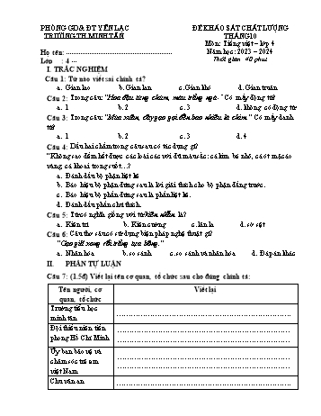 Đề khảo sát chất lượng tháng 10 môn Tiếng Việt Lớp 4 - Năm học 2023-2024 - Trường Tiểu học Minh Tân (Có đáp án)