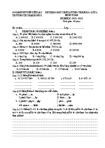 Đề khảo sát chất lượng tháng 10 môn Toán Lớp 4 - Năm học 2021-2022 - Trường Tiểu học Tam Hồng 2 (Có đáp án)