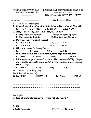 Đề khảo sát chất lượng tháng 10 môn Toán Lớp 4 - Năm học 2023-2024 - Trường Tiểu học Minh Tân (Có đáp án)