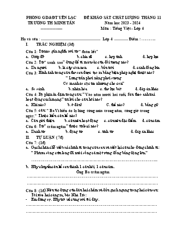Đề khảo sát chất lượng tháng 11 môn Tiếng Việt Lớp 4 - Năm học 2023-2024 - Trường Tiểu học Minh Tân (Có đáp án)
