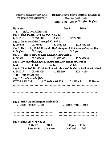 Đề khảo sát chất lượng tháng 11 môn Toán Lớp 4 - Năm học 2023-2024 - Trường Tiểu học Minh Tân (Có đáp án)