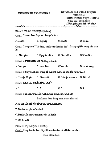 Đề khảo sát chất lượng tháng 4 môn Tiếng Việt Lớp 4 - Năm học 2021-2022 - Trường Tiểu học Tam Hồng 2