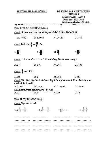 Đề khảo sát chất lượng tháng 4 môn Toán Lớp 4 - Năm học 2021-2022 - Trường Tiểu học Tam Hồng 2
