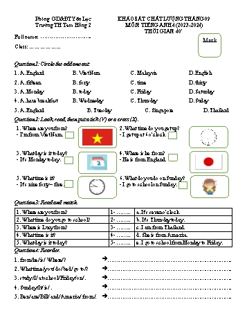 Đề khảo sát chất lượng tháng 9 môn Tiếng Anh Lớp 4 - Năm học 2023-2024 - Trường Tiểu học Tam Hồng 2
