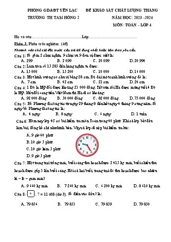 Đề khảo sát chất lượng tháng 9 môn Toán Lớp 4 - Năm học 2023-2024 - Trường Tiểu học Tam Hồng 2