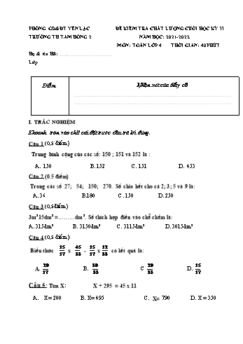 Đề kiểm tra chất lượng cuối học kỳ II môn Toán Lớp 4 - Năm học 2021-2022 - Trường Tiểu học Tam Hồng