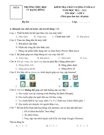 Đề kiểm tra chất lượng cuối kì I môn Tin học Lớp 4 - Năm học 2022-2023 - Trường Tiểu học Rạng Đông (Có đáp án)