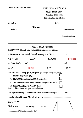 Đề kiểm tra cuối học kì 1 môn Toán Lớp 4 - Năm học 2022-2023 - Trường Tiểu học Liên Hồng (Có đáp án)