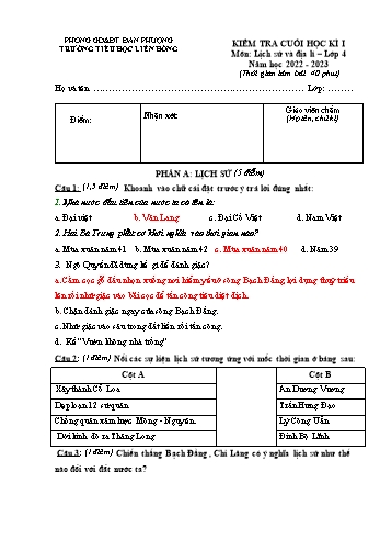 Đề kiểm tra cuối học kì I môn Lịch sử và Địa lí Lớp 4 - Năm học 2022-2023 - Trường Tiểu học Liên Hồng (Có đáp án)
