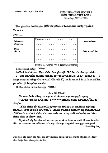 Đề kiểm tra cuối học kì I môn Tiếng Việt Lớp 4 - Năm học 2022-2023 - Trường Tiểu học Liên Hồng - Đề 2 (Có đáp án)