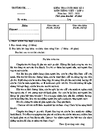 Đề kiểm tra cuối học kì I môn Tiếng Việt Lớp 4 - Năm học 2022-2023 - Trường Tiểu học Liên Hồng - Đề 1 (Có đáp án)