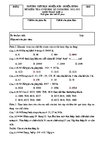 Đề kiểm tra cuối học kì I môn Toán Lớp 4 - Năm học 2021-2022 - Trường Tiểu học Nghĩa Sơn (Có đáp án)