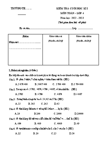 Đề kiểm tra cuối học kì I môn Toán Lớp 4 - Năm học 2022-2023 - Trường Tiểu học Liên Hồng (Có đáp án)