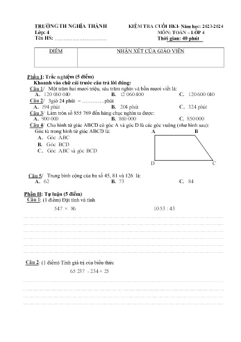 Đề kiểm tra cuối học kì I môn Toán Lớp 4 - Năm học 2023-2024 - Trường Tiểu học Nghĩa Thành (Có đáp án)