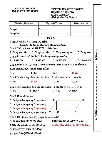 Đề kiểm tra cuối học kì I môn Toán Lớp 4 - Năm học 2023-2024 - Trường Tiểu học Phú Cường (Có đáp án)