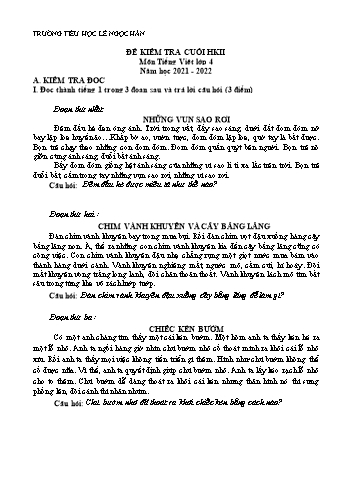 Đề kiểm tra cuối học kì II môn Tiếng Việt Lớp 4 - Năm học 2021-2022 - Trường Tiểu học Lê Ngọc Hân (Có đáp án)