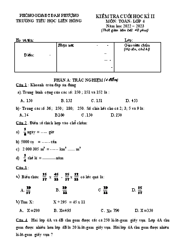 Đề kiểm tra cuối học kì II môn Toán Lớp 4 - Năm học 2022-2023 - Trường Tiểu học Liên Hồng (Có đáp án)