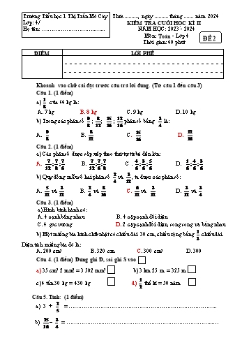 Đề kiểm tra cuối học kì II môn Toán Lớp 4 - Năm học 2023-2024 - Trường Tiểu học 1 Thị trấn Mỏ Cày - Đề 2 (Có đáp án)