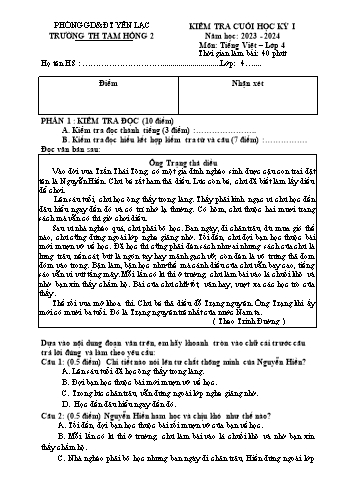 Đề kiểm tra cuối học kỳ I môn Tiếng Việt Lớp 4 - Năm học 2023-2024 - Trường Tiểu học Tam Hồng 2