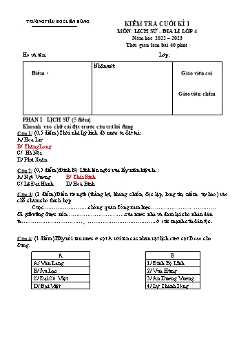 Đề kiểm tra cuối kì 1 môn Lịch sử và Địa lí Lớp 4 - Năm học 2022-2023 - Trường Tiểu học Liên Hồng (Có đáp án)