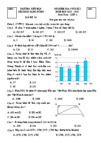 Đề kiểm tra cuối kì 1 môn Toán Lớp 4 - Năm học 2022-2023 - Trường Tiểu học Thị trấn Rạng Đông