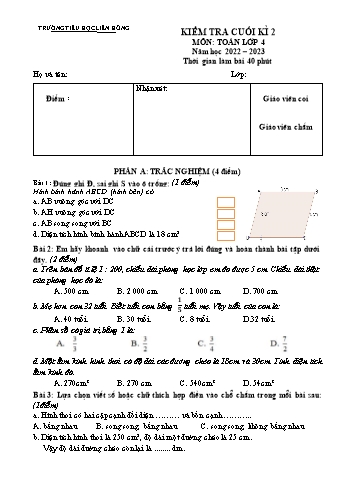 Đề kiểm tra cuối kì 2 môn Toán Lớp 4 - Năm học 2022-2023 - Trường Tiểu học Liên Hồng (Có đáp án)