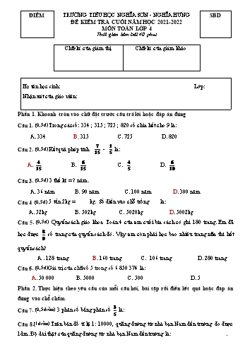Đề kiểm tra cuối năm môn Toán Lớp 4 - Năm học 2021-2022 - Trường Tiểu học Nghĩa Sơn